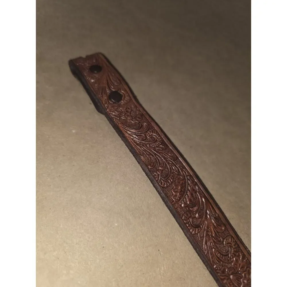 vintage TOOLED buckle belt WESTERN leather 46 brown COWHIDE floral cowboy rodeo